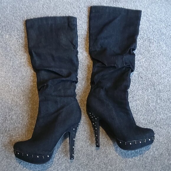 FAHRENHEIT BLACK DENIM STILETTO PLATFORM BOOTS - Picture 1 of 4